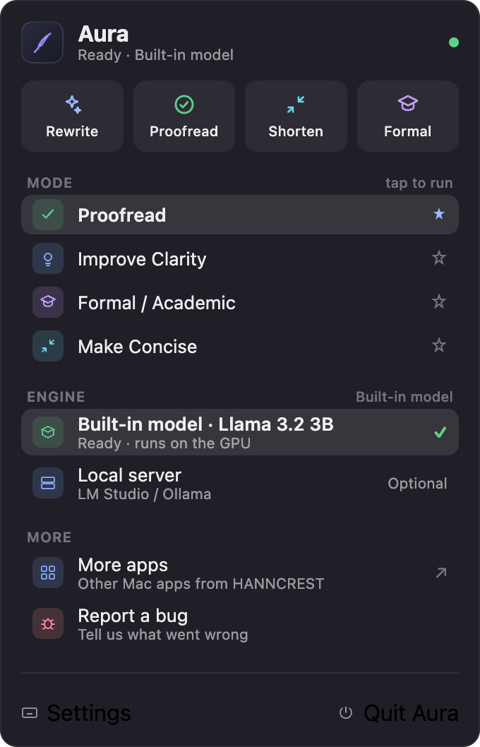 Aura's menu-bar panel — rewrite modes, engine status and quick actions
